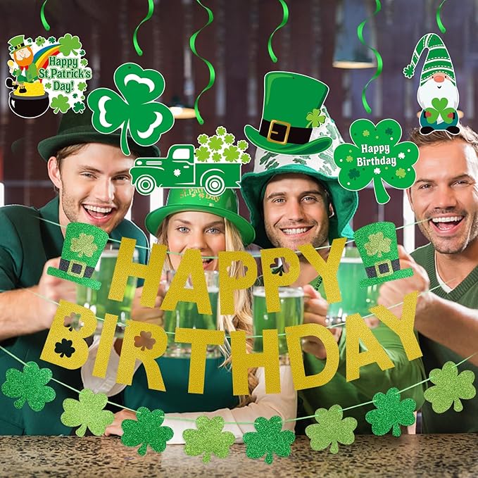 Gold Happy Birthday St Patricks Day Banner and Shamrock Garland,