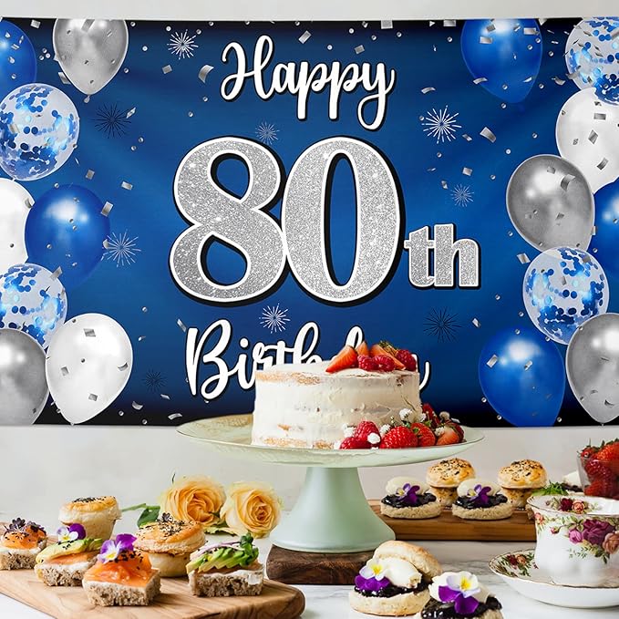 Happy 80th Birthday Decorations 80th Blue & Silver Balloon Large