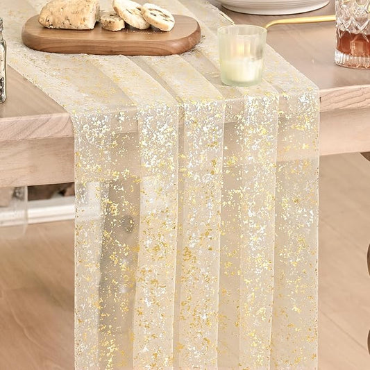 Artoid Mode Gold Gauze Champagne Table Runner 120 Inch 10FT, Glitter