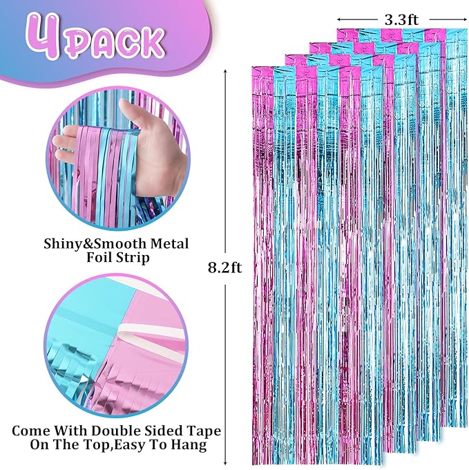 Voircoloria 4 Pack 3.3x8.2 Feet Blue and Pink Foil Fringe Backdrop