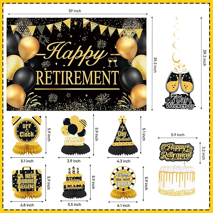 Retirement Party Decorations for Men Women Black Gold Happy Retirement