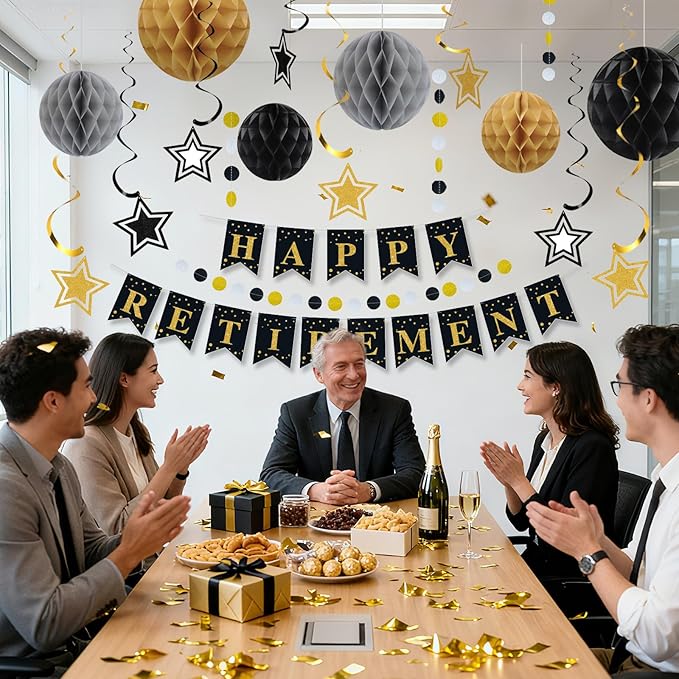 Happy Retirement Party Decorations for Men Women Black Gold Happy