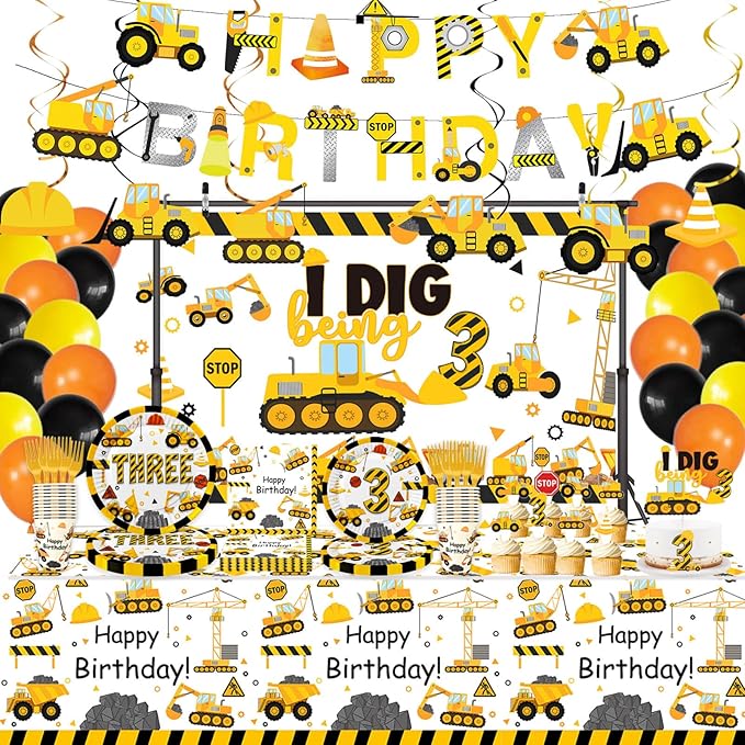178 Pcs Construction 3rd Birthday Party Supplies Dump Truck Three