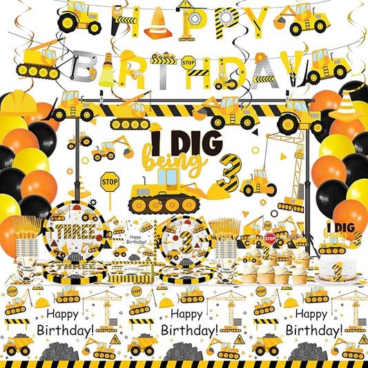 178 Pcs Construction 3rd Birthday Party Supplies Dump Truck Three