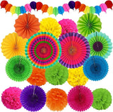 Fiesta Party Decorations, Multicolored Paper Pompoms Fan Garlands for