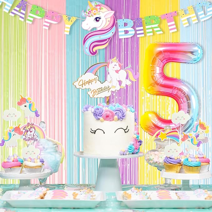 Unicorn 5th Birthday Party Decorations Rainbow Banner Balloons No.5