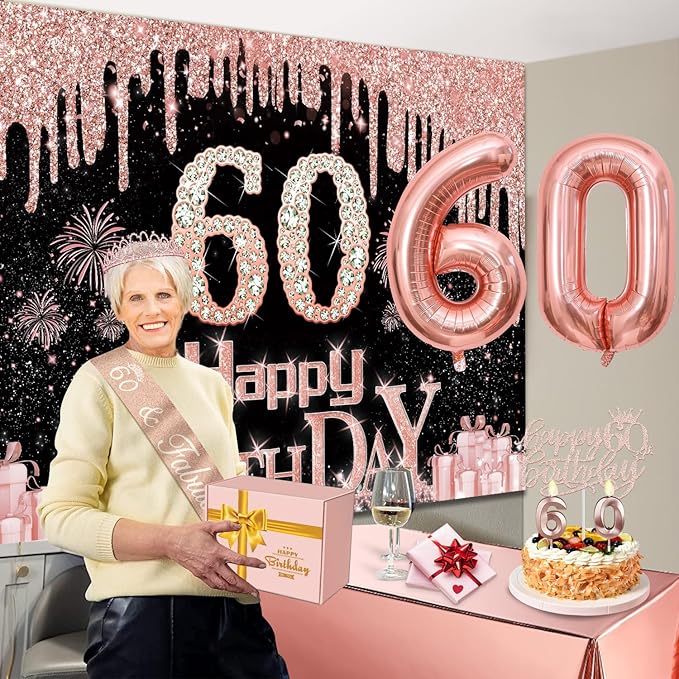 60th Birthday Decorations for Woman with Banner Rose Gold Tablecloth