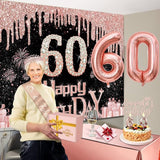 60th Birthday Decorations for Woman with Banner Rose Gold Tablecloth