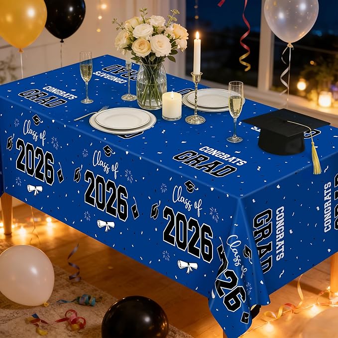 QZYL 4 Pack Graduation Tablecloth, 54" x 108" Blue Graduation Table