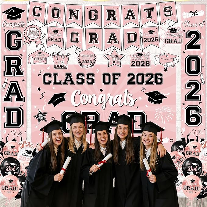 Pink Graduation Decorations 2026 Congrats Grad Banner & Backdrop