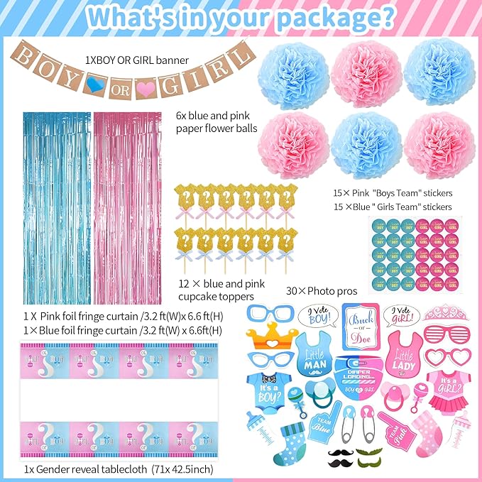 124 Pcs Gender Reveal Decorations Kit Party Supplies With 36''