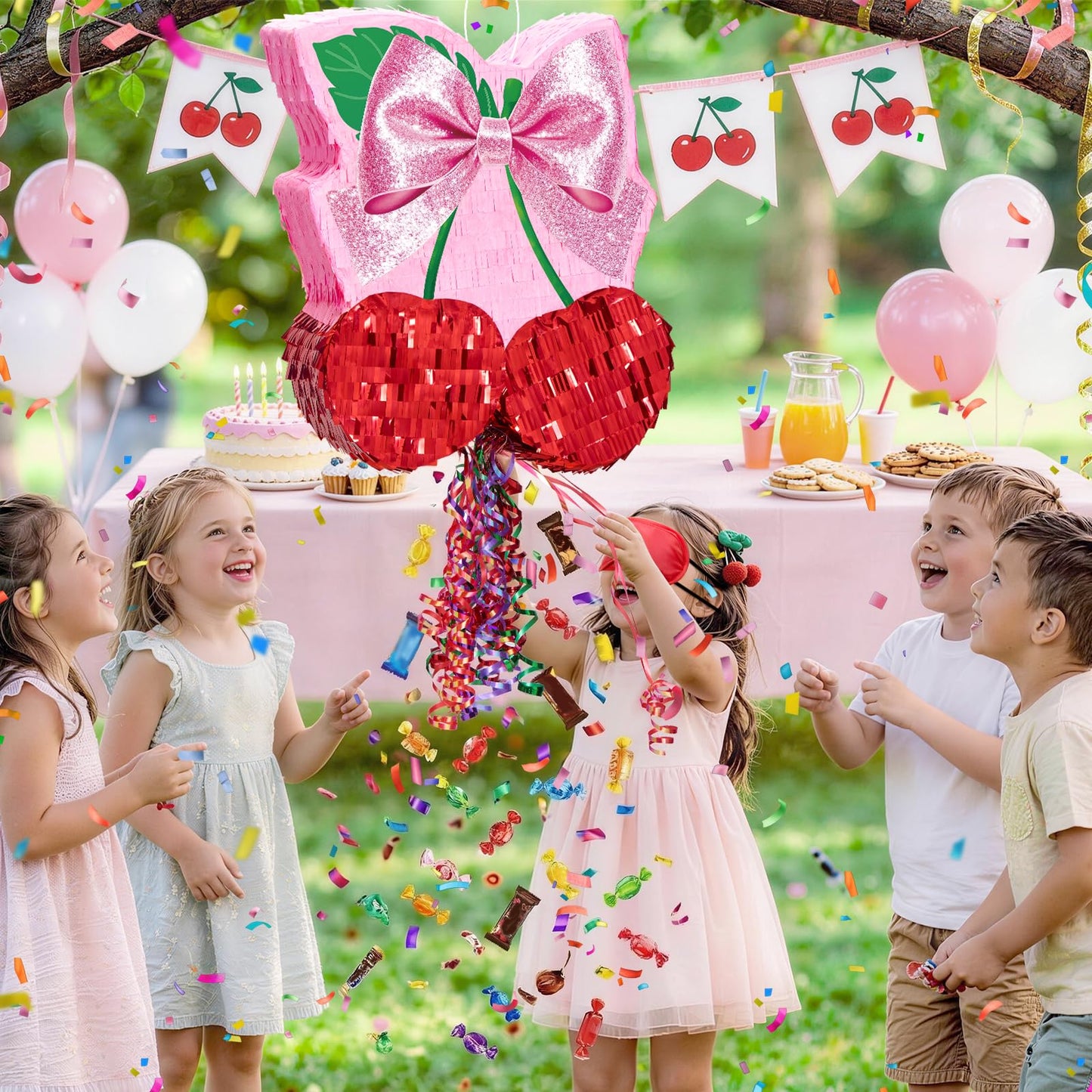 WERNNSAI Cherry Piñata - Pink Bow Party Decorations Cherry Bow piñata