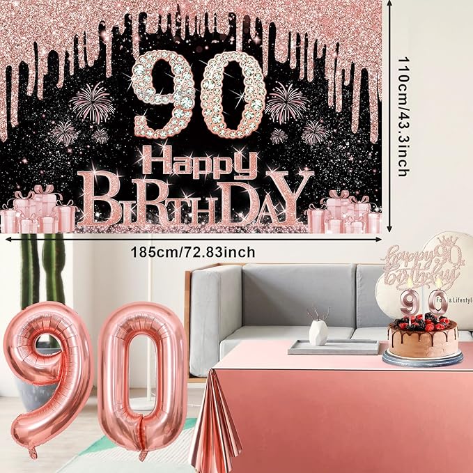 90th Birthday Decorations for Women with Banner Rose Gold Tablecloth