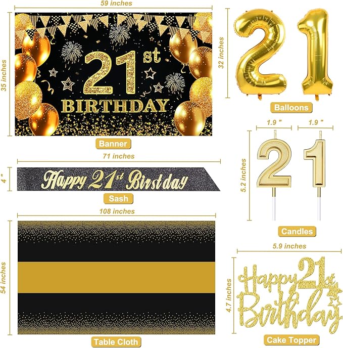 21st Birthday Decorations for Him Her with Banner Black and Gold