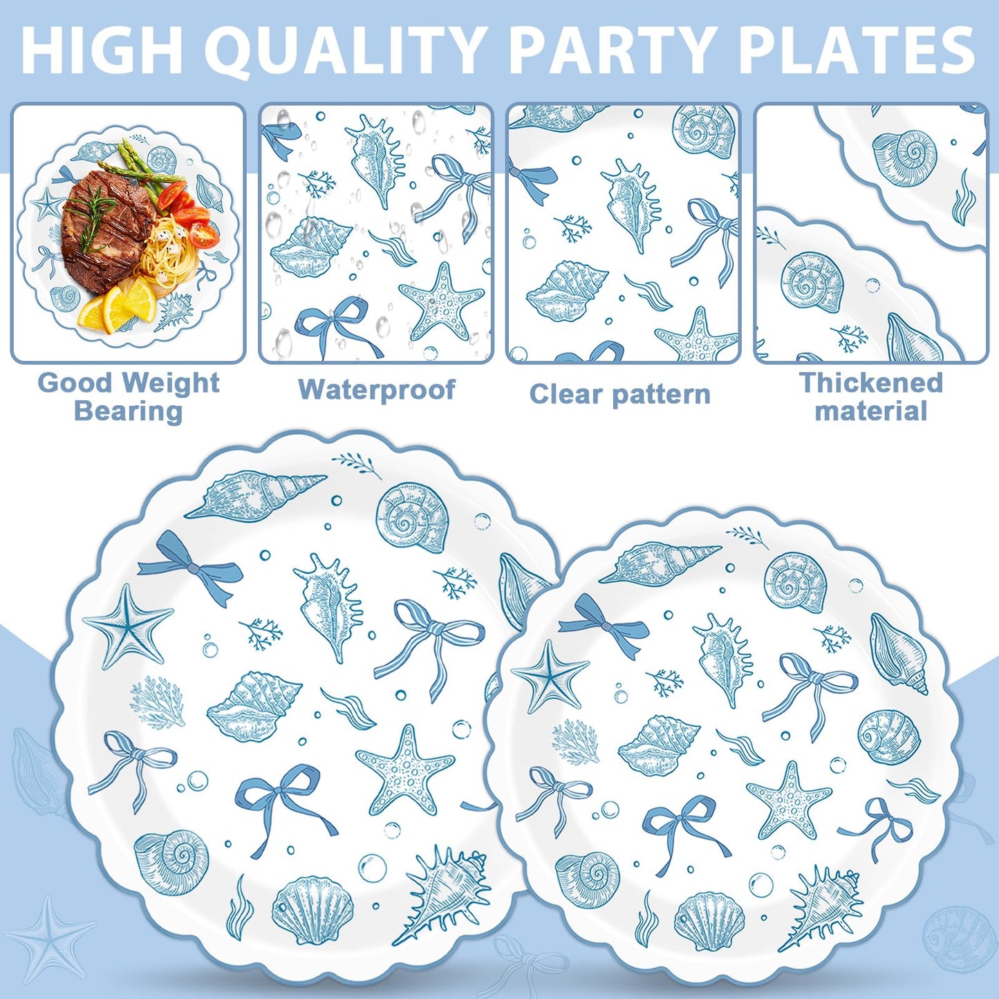 96pcs Scalloped Coastal Party Supplies Tropical Blue Bow Starfish