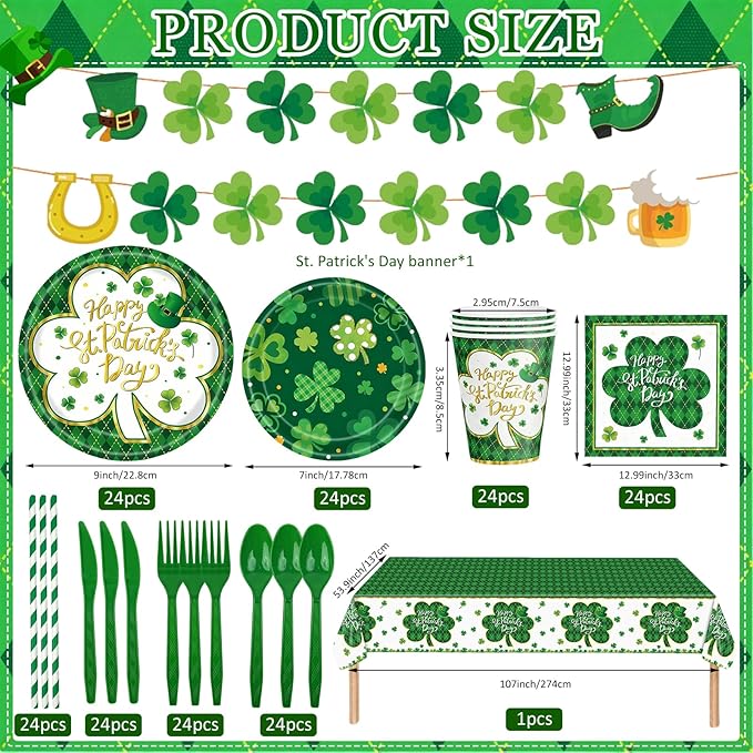 194 Pcs St Patricks Day Paper Plates & Napkins Green Shamrock Paper