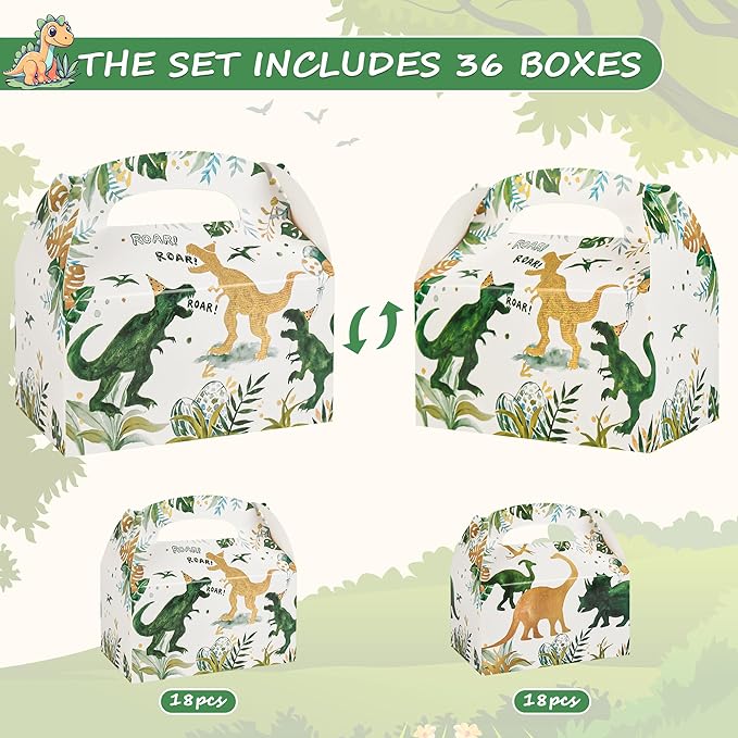 DjinnGlory 36 Pack Dinosaur ROAR Treat Boxes Gable Boxes Party Favor