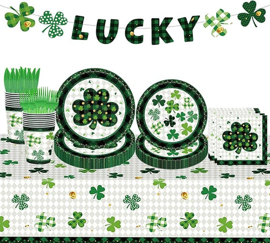 98PCS St Patrick's Day Party Supplies Green Irish Shamrock Tableware