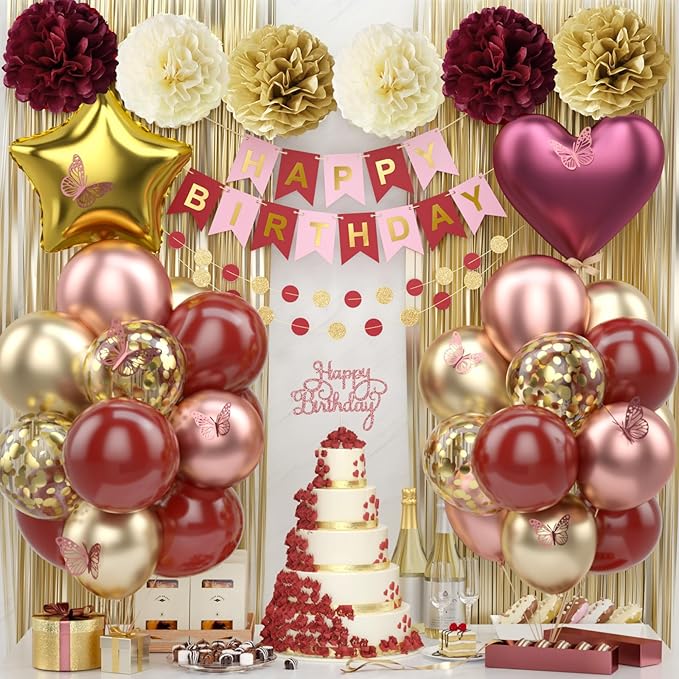 Burgundy Rose Gold Birthday Party Decorations 12INCH Wine Red Maroon