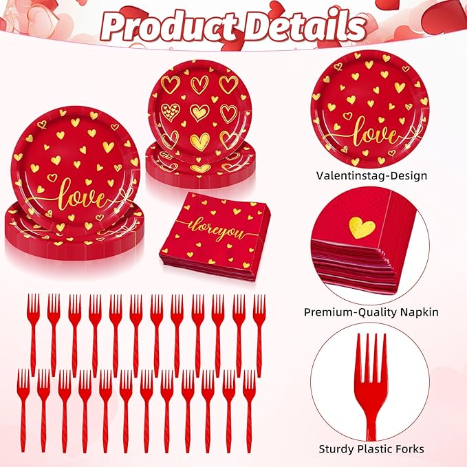 96 Pieces Valentine's Day Love Tableware Set Red and Gold Heart