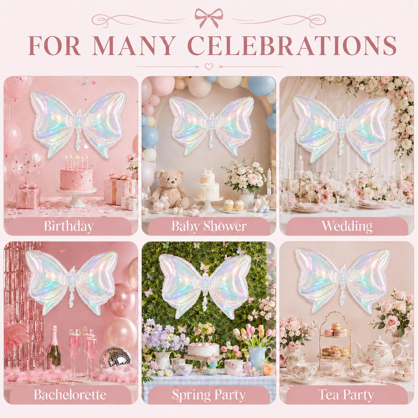 Iridescent Bow Balloons, 4 Pcs Clear Rainbow Holographic Foil Balloons