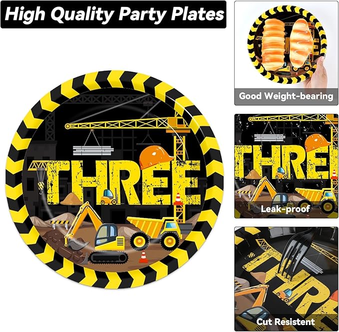 100 Pcs Construction Plates and Napkins Set 3rd Birthday Party