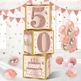 3Pcs 50th Birthday Decorations Boxes for Women Pink Rose Gold 50th