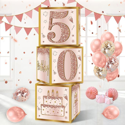 3Pcs 50th Birthday Decorations Boxes for Women Pink Rose Gold 50th