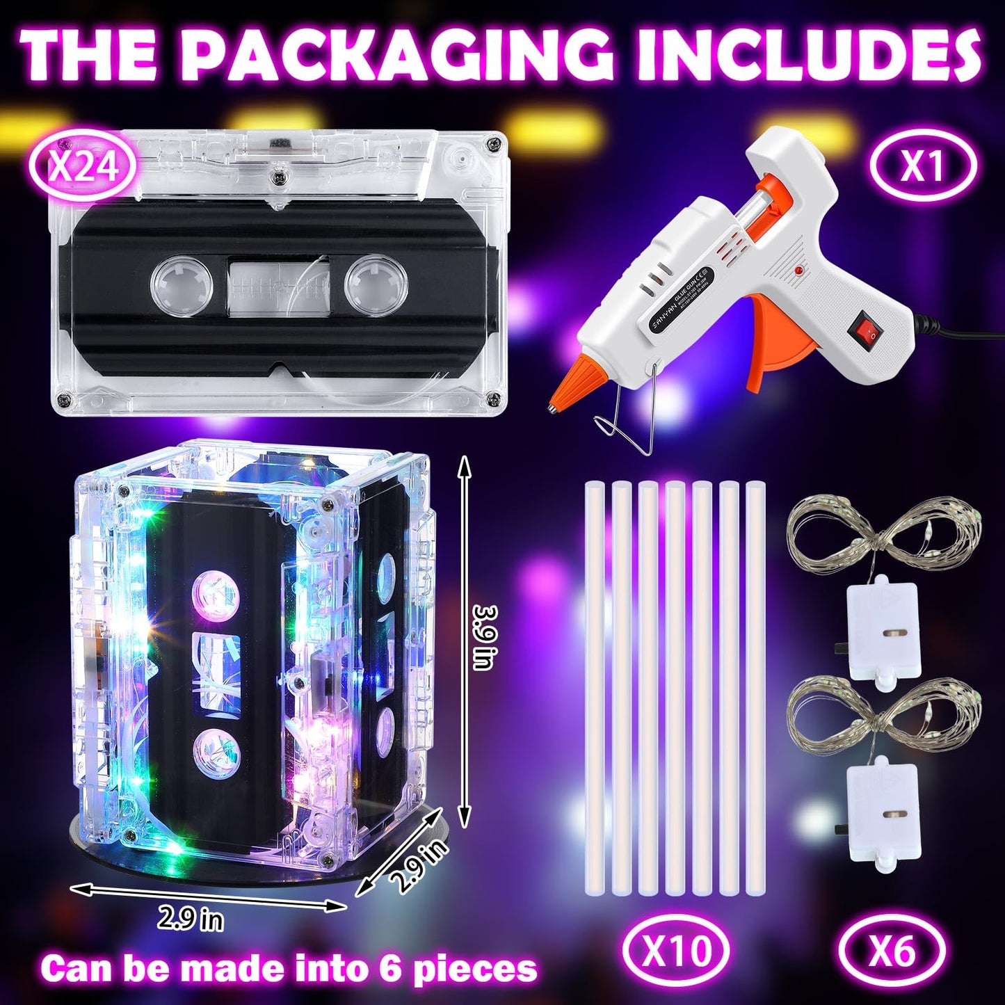 Halloscume 6 Sets 80s 90s Neon Party Decoration Novelty Cassette Tape
