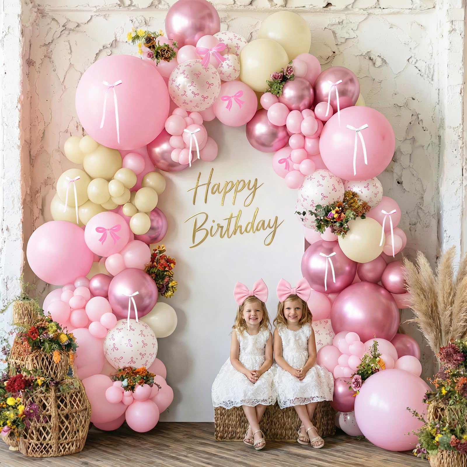 Pink Bow Balloons, 60PCS Double Stuffed Pearl White Light Pink