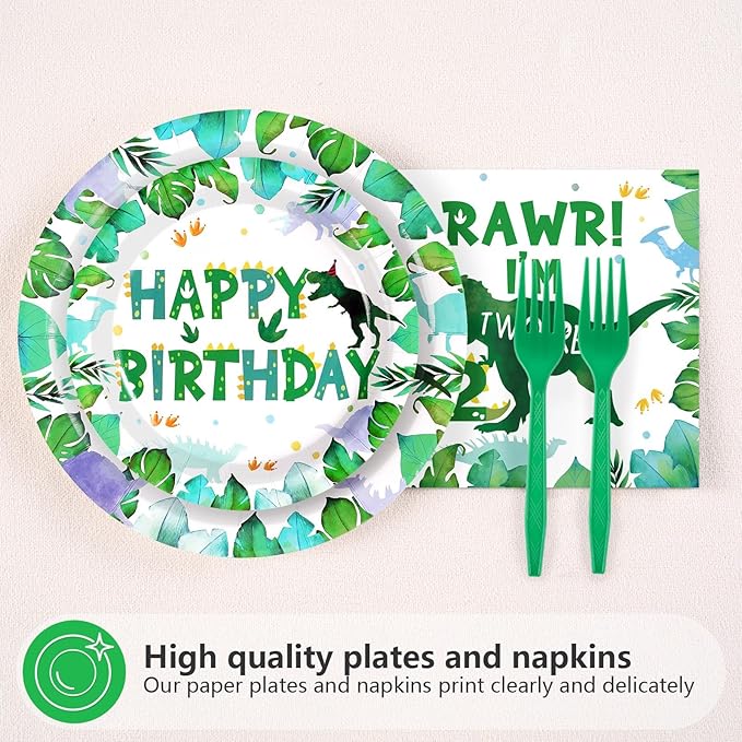 96PCS Dinosaur 2nd Happy Birthday Party Supplies 2nd Dinosaur Plates