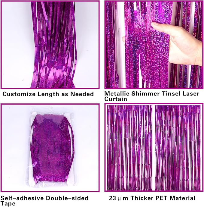 2 Pack 3.2ft x 8.2ft Hot Pink Metallic Tinsel Foil Fringe Curtains,