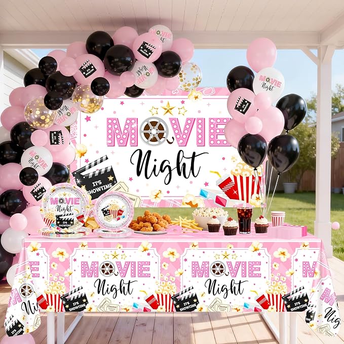 Pink Movie Night Party Decorations Kit Movie Banner Cute Popcorn