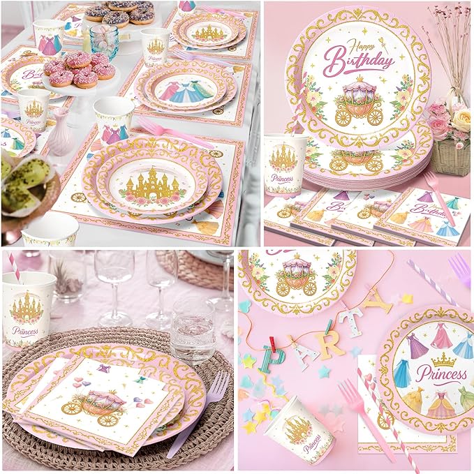 144 Pcs Princess Paper Plates Napkins, Birthday Party Supplies