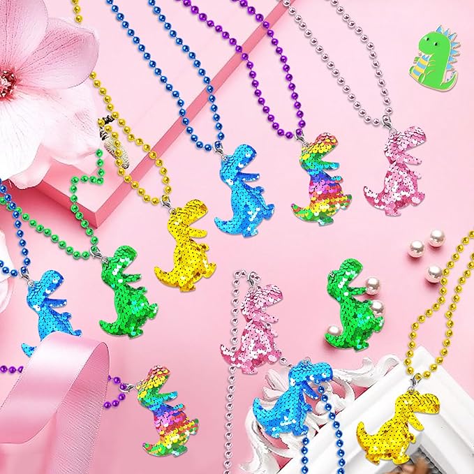15 Pack Dinosaur Sequin Necklace Party Favors with Mardi Gras Beads