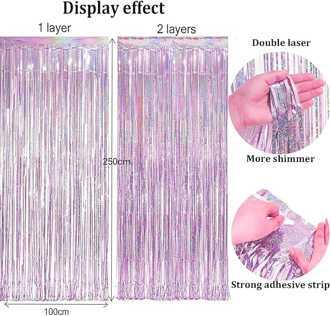 BRAVESHINE Pink Blue Tinsel Foil Fringe Curtains - 2Pcs 3.2x8.2ft