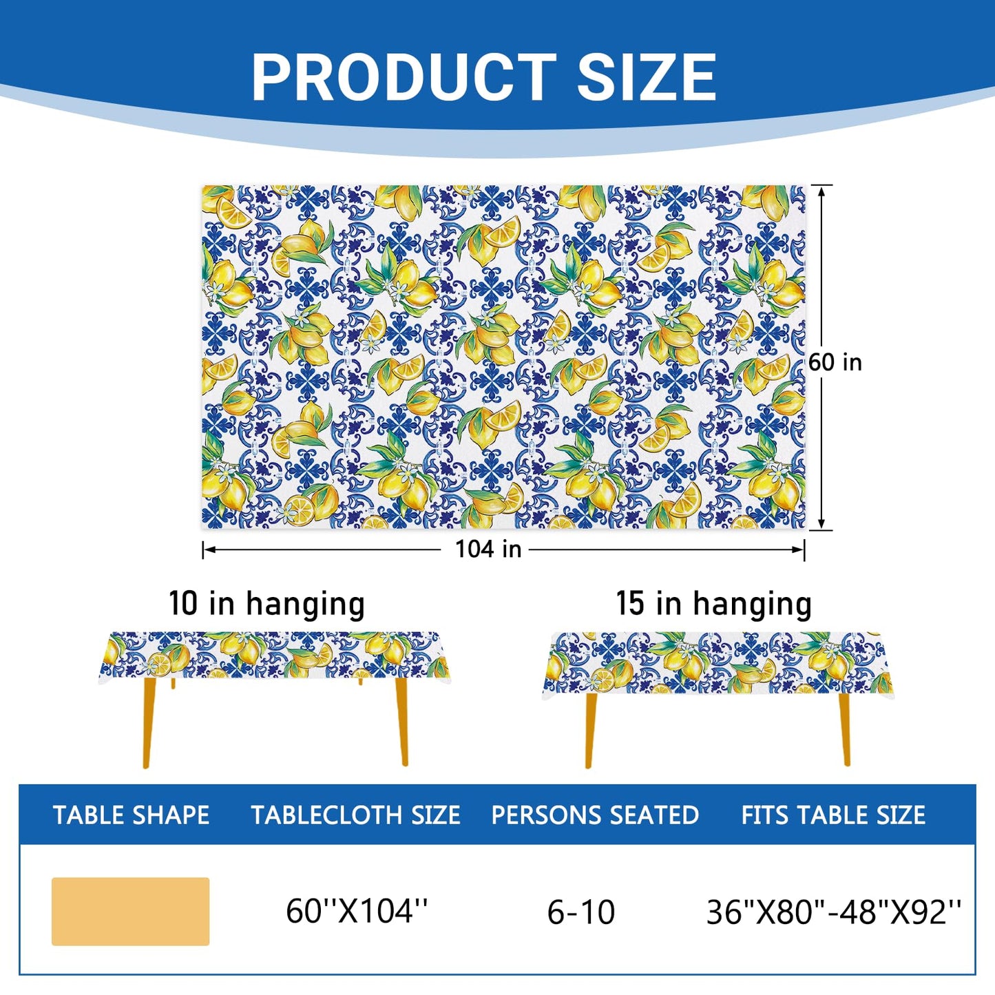 Livcoz Blue Lemon Italy Tile Pattern Rectangle Tablecloth 60 x 104