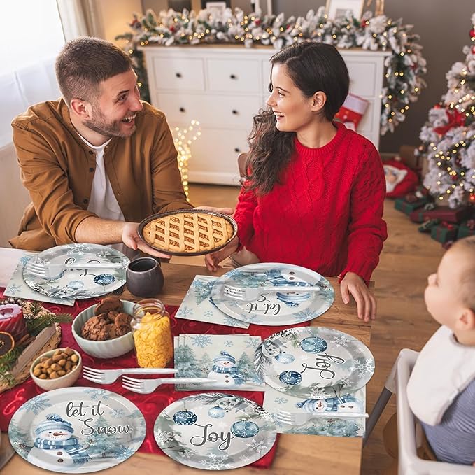 96pcs Christmas Party Plates and Napkins Blue and Gray Winter