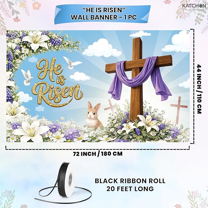 Large Happy Easter Banner 72x44 Inch He is Risen Backdrop for Easter