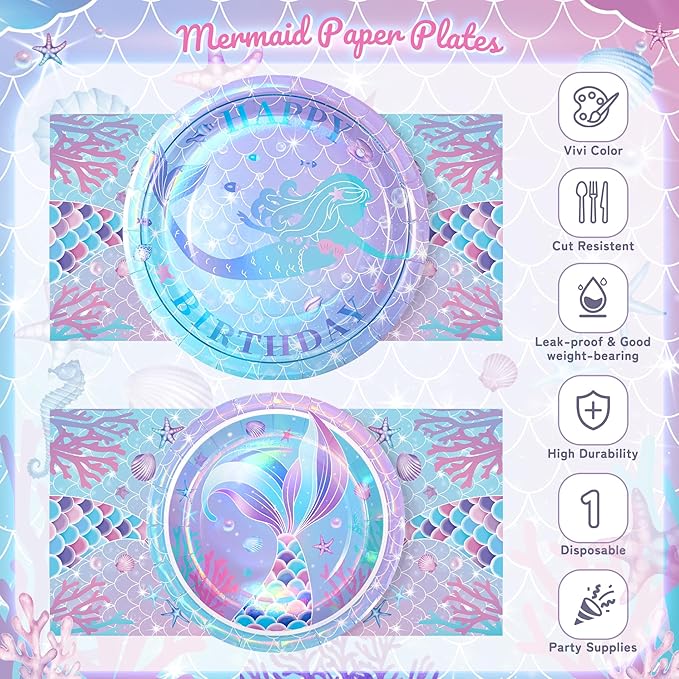 72PCS Mermaid Birthday Plates and Napkins Set of 24 Disposable Paper