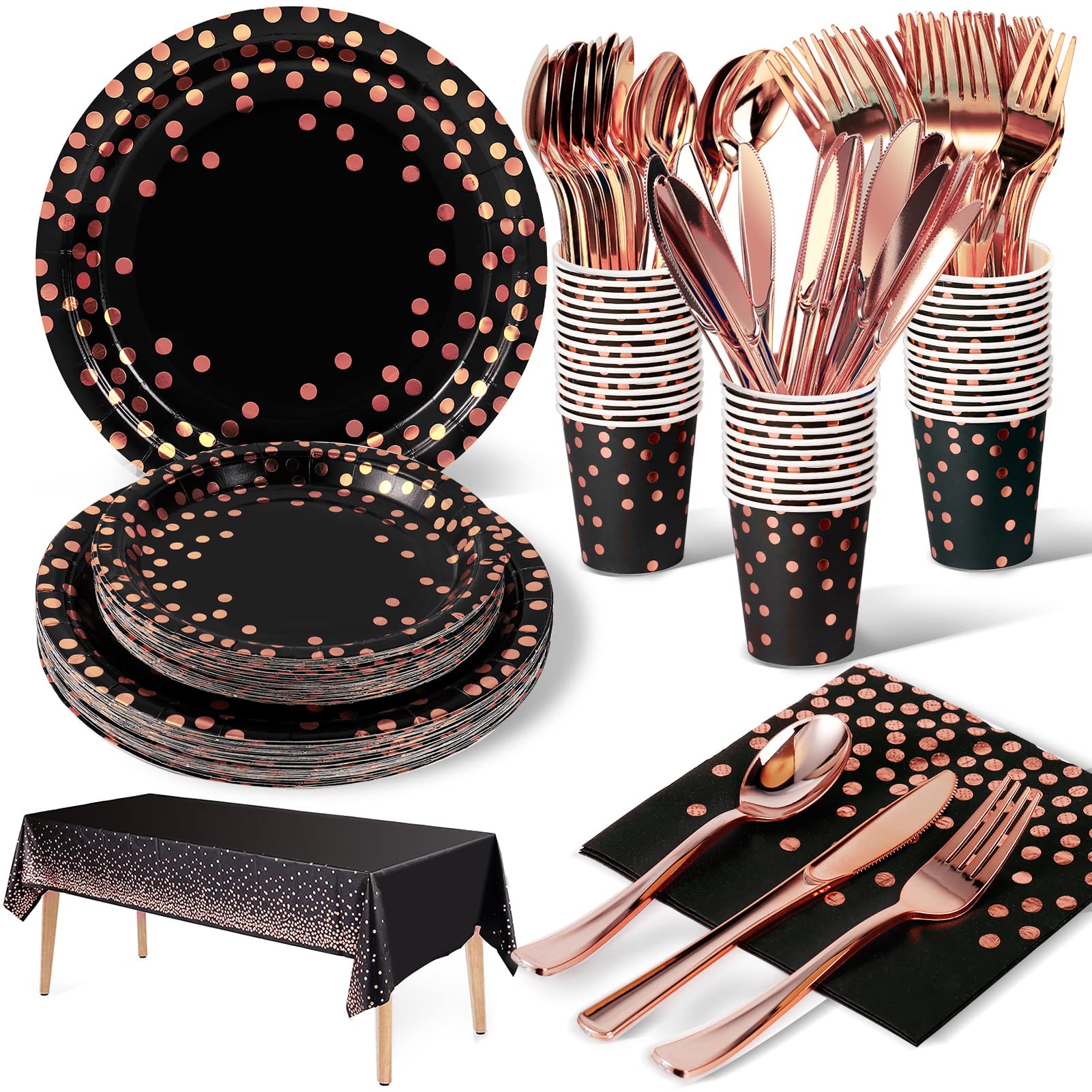 Nkaiso 141 Pieces Black and Rose Gold Party Supplies, Disposable Party