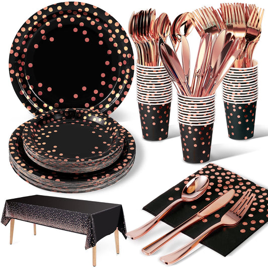 Nkaiso 141 Pieces Black and Rose Gold Party Supplies, Disposable Party