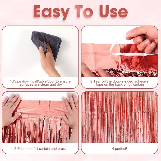Voircoloria 4 Pack Rose Gold Foil Fringe Backdrop Curtains, Tinsel