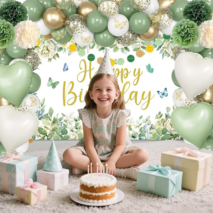 Sage Green Birthday Decorations Kit for Green Neutral Boho Party