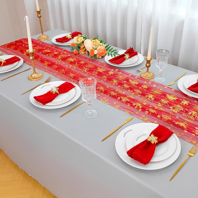 Snowkingdom Red Table Runner, 120 Inches Long Sheer Tulle with Gold