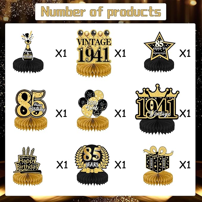85th Birthday Party Decorations, 9PCS Happy Birthday Table Honeycomb