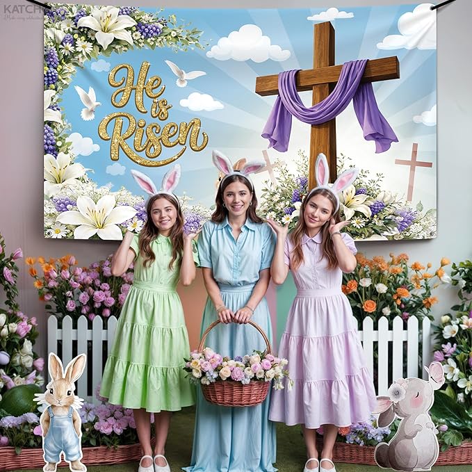 Large Happy Easter Banner 72x44 Inch He is Risen Backdrop for Easter