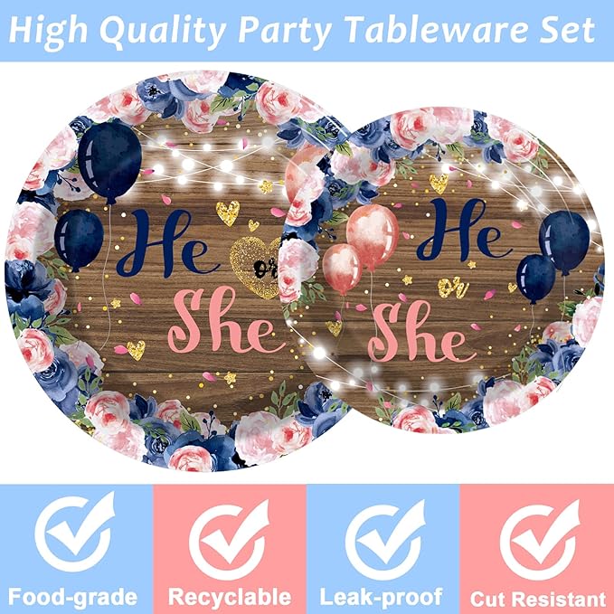 96 Pcs Gender Reveal Party Decorations Supplies He or She Tableware