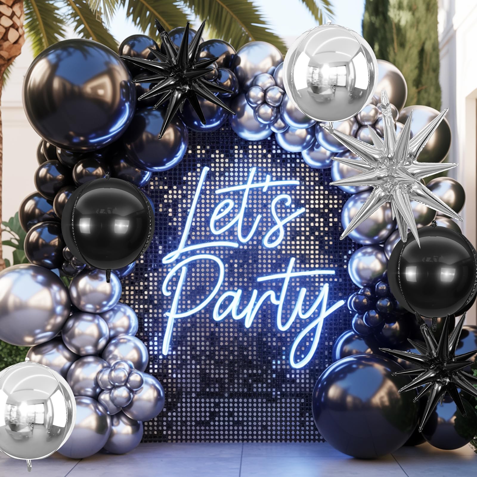 6Pcs Black Silver Foil Balloons,22Inch Black Silver 4D Round Ball