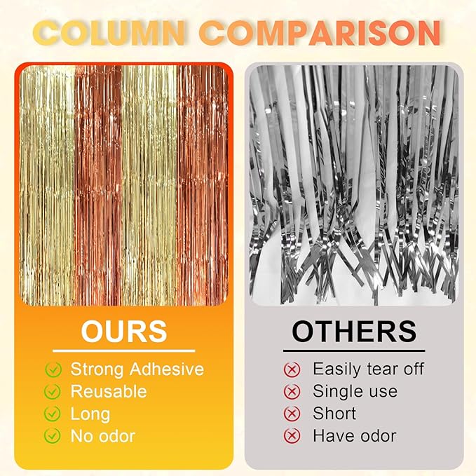 Voircoloria 3 Pack 3.3 x 8.2 ft Rose and Champion Foil Fringe